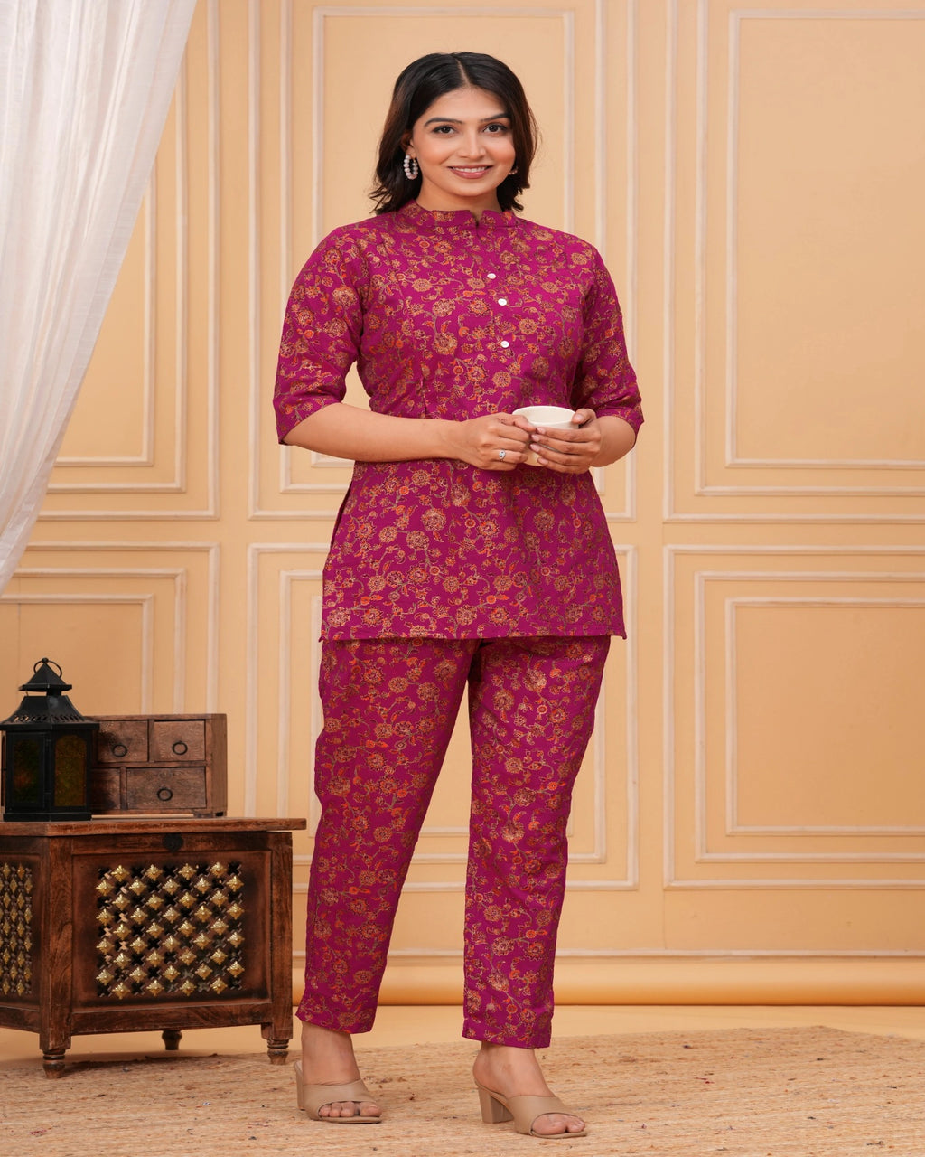 Magenta Floral Printed Cotton Maternity Kurti Pant Set