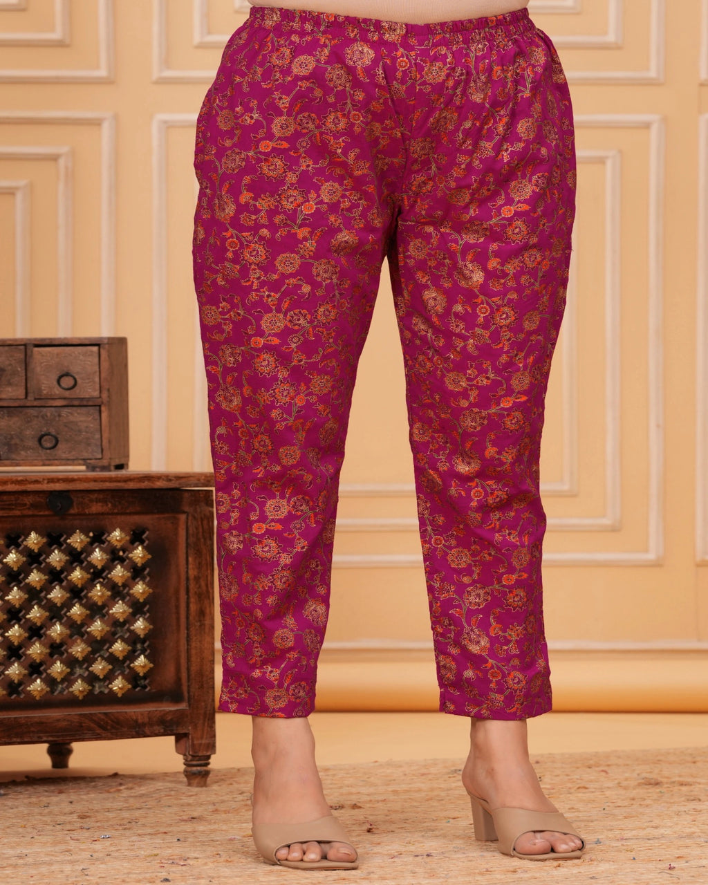 Magenta Floral Printed Cotton Maternity Kurti Pant Set