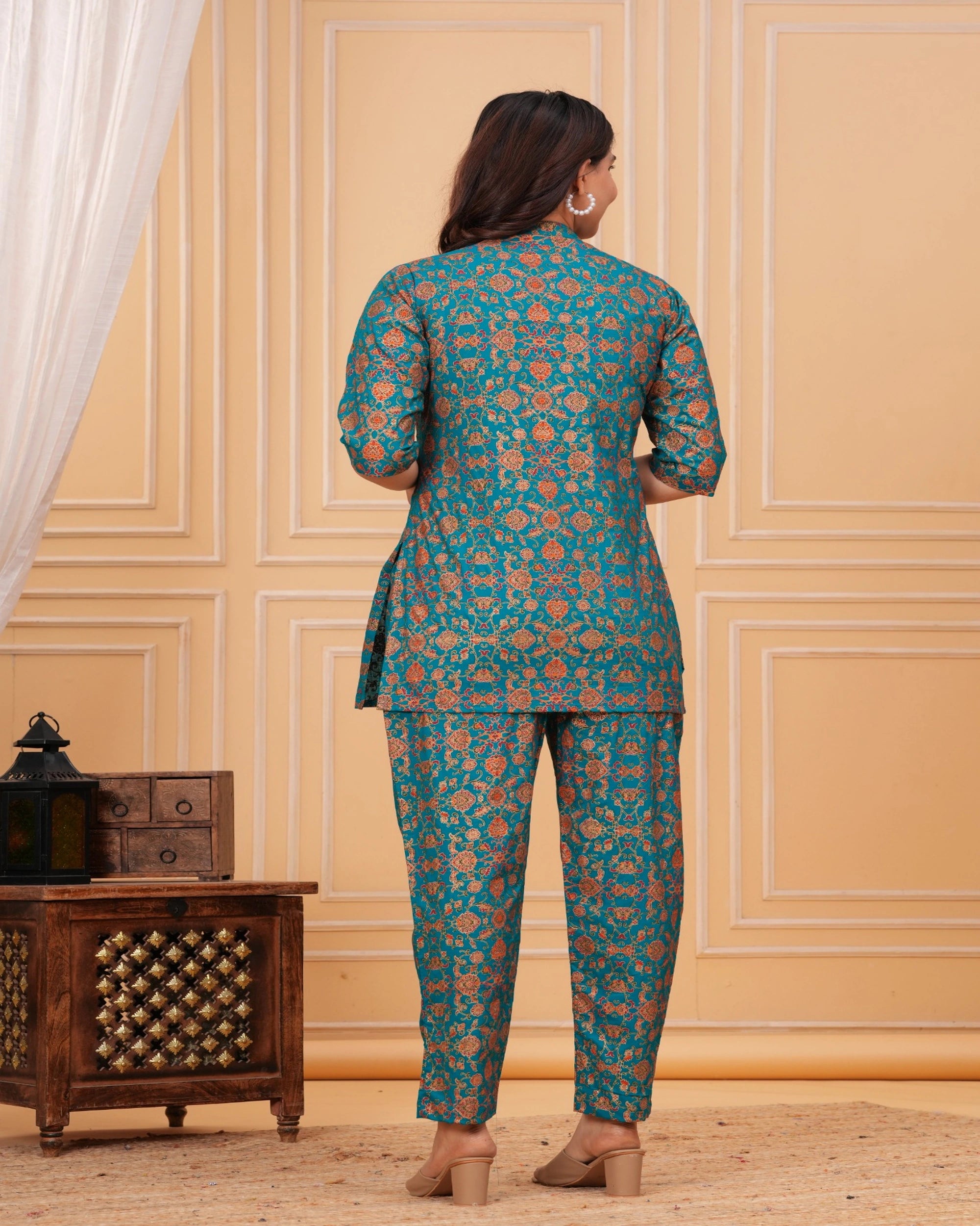 Teal Floral Printed Cotton Maternity Kurti Pant Set