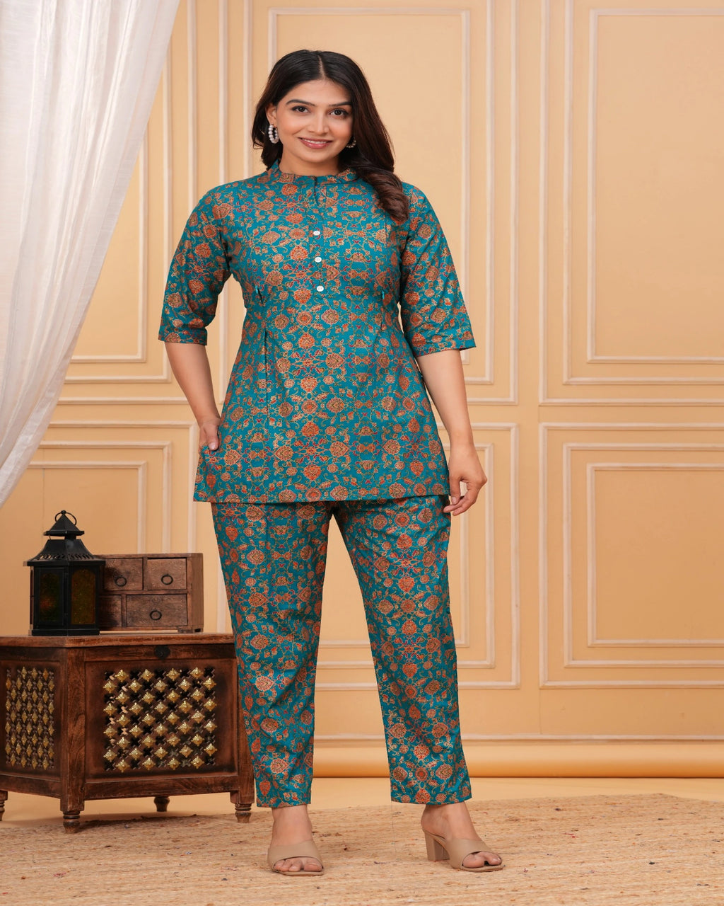 Teal Floral Printed Cotton Maternity Kurti Pant Set