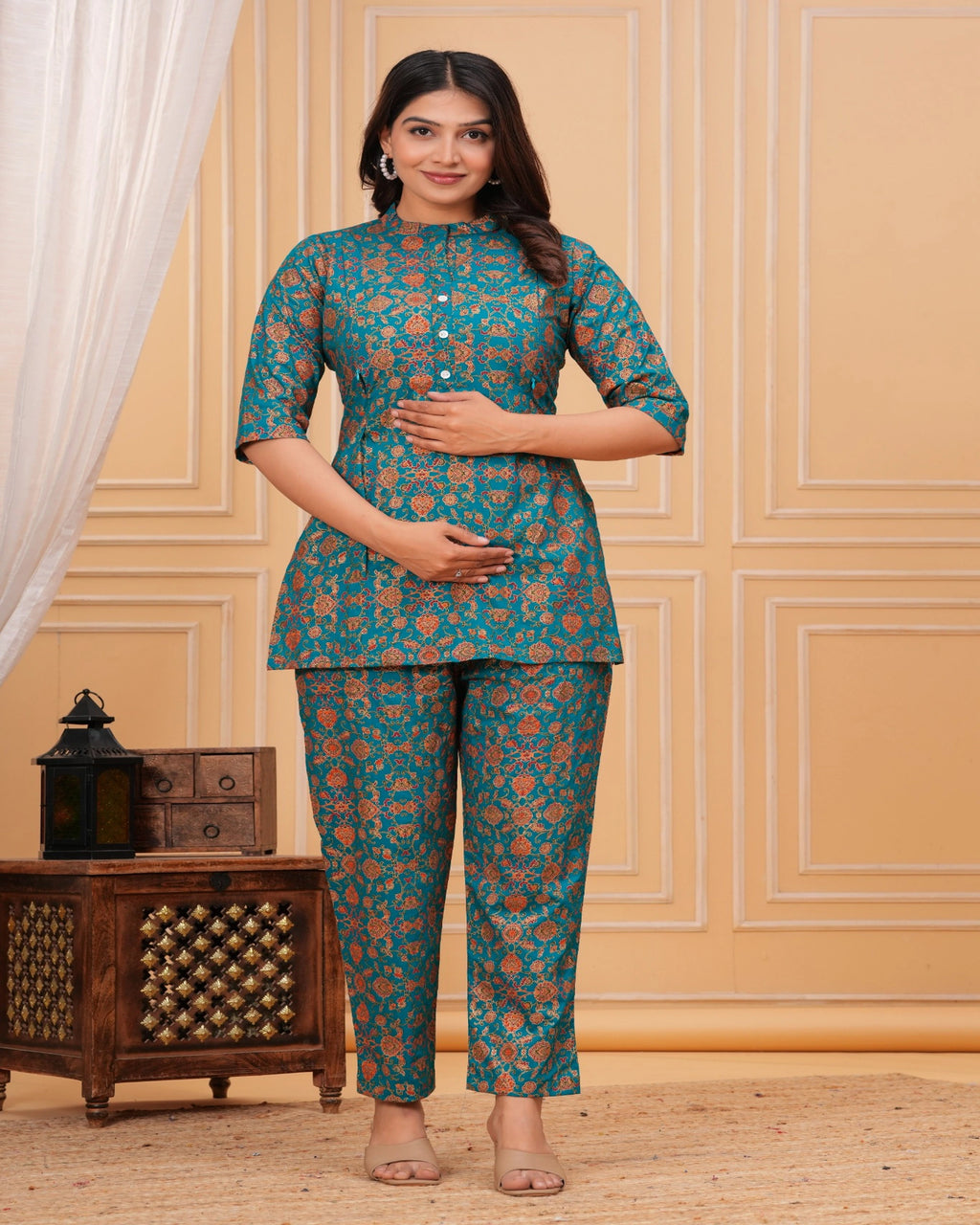 Teal Floral Printed Cotton Maternity Kurti Pant Set