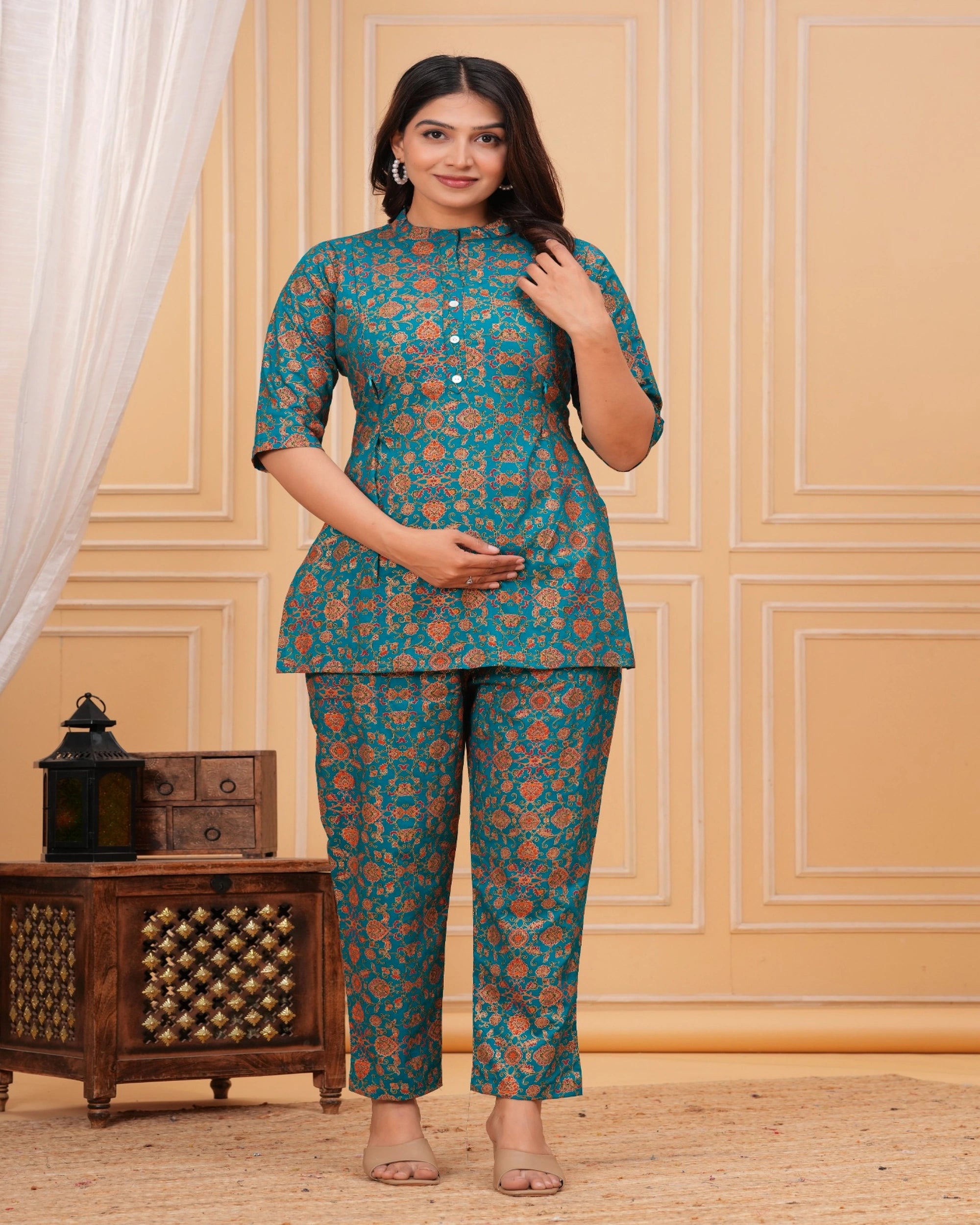 Teal Floral Printed Cotton Maternity Kurti Pant Set