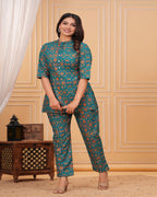 Teal Floral Printed Cotton Maternity Kurti Pant Set