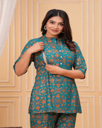 Teal Floral Printed Cotton Maternity Kurti Pant Set