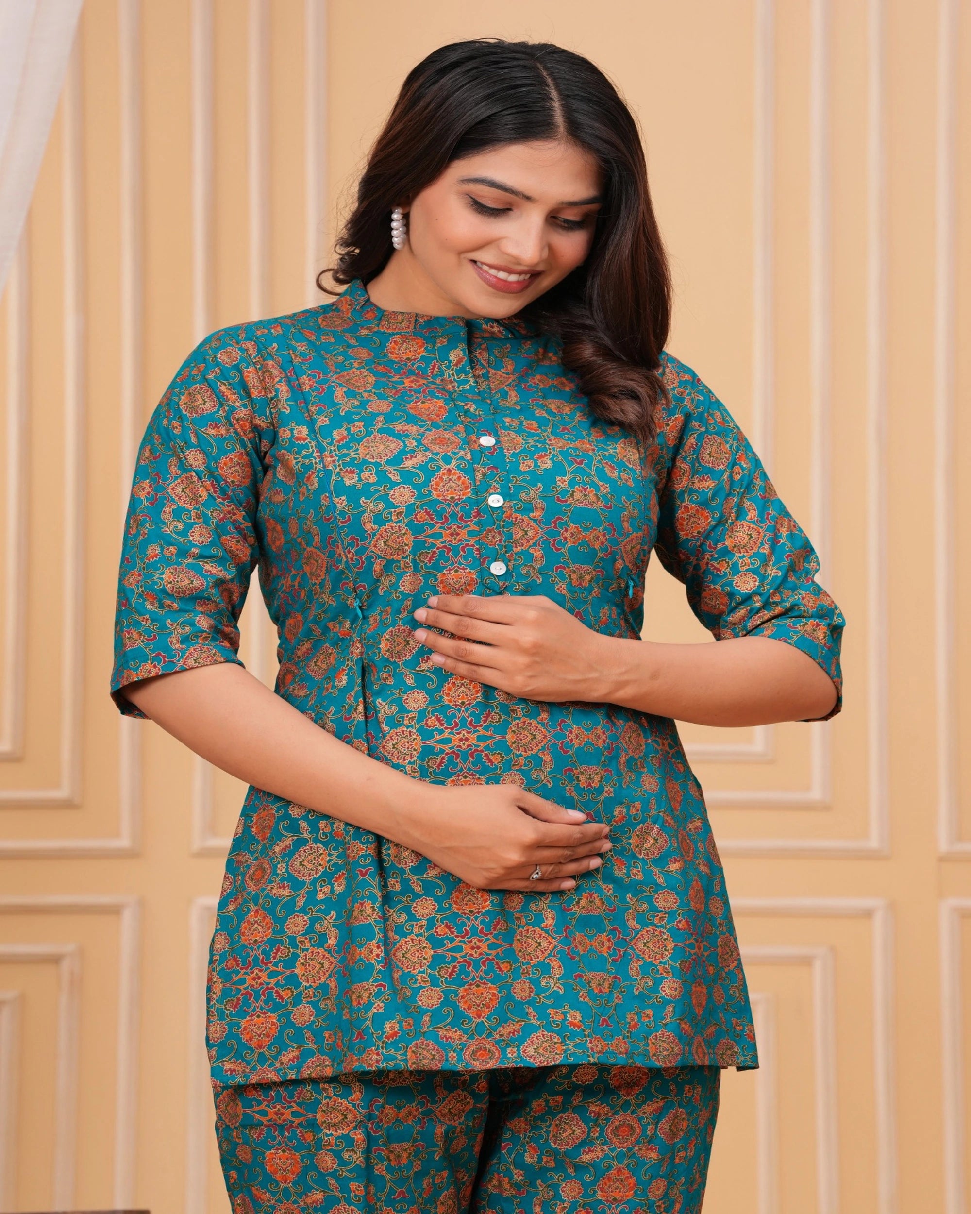 Teal Floral Printed Cotton Maternity Kurti Pant Set