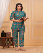 Teal Floral Printed Cotton Maternity Kurti Pant Set