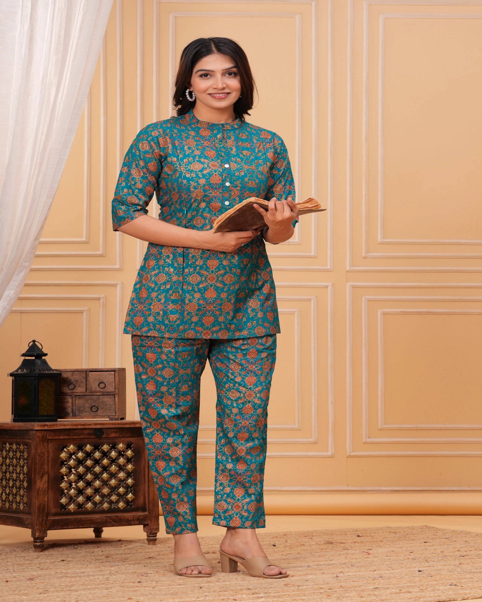 Teal Floral Printed Cotton Maternity Kurti Pant Set