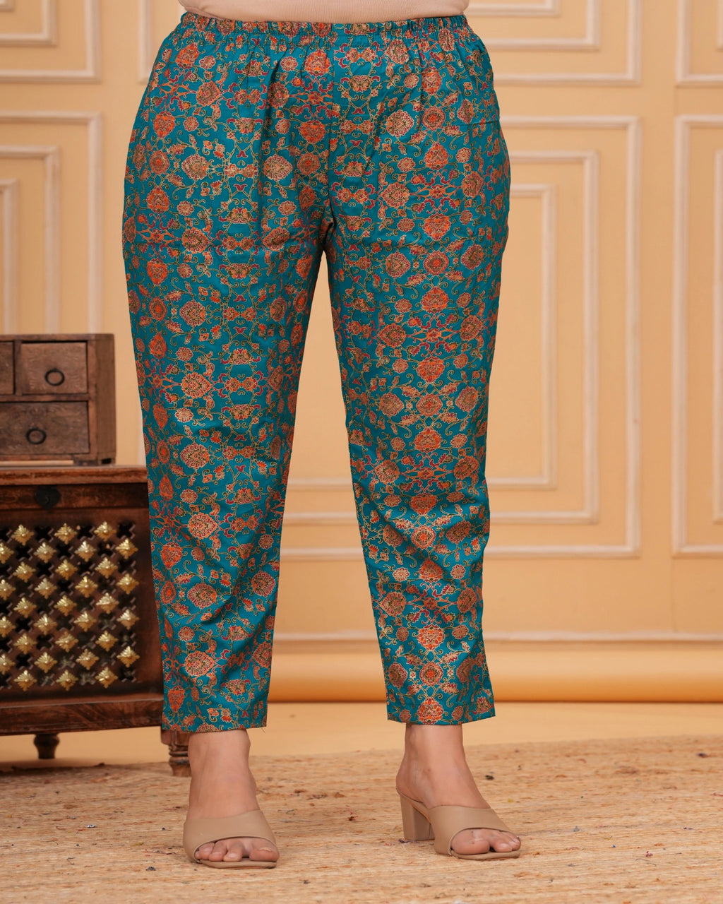 Teal Floral Printed Cotton Maternity Kurti Pant Set