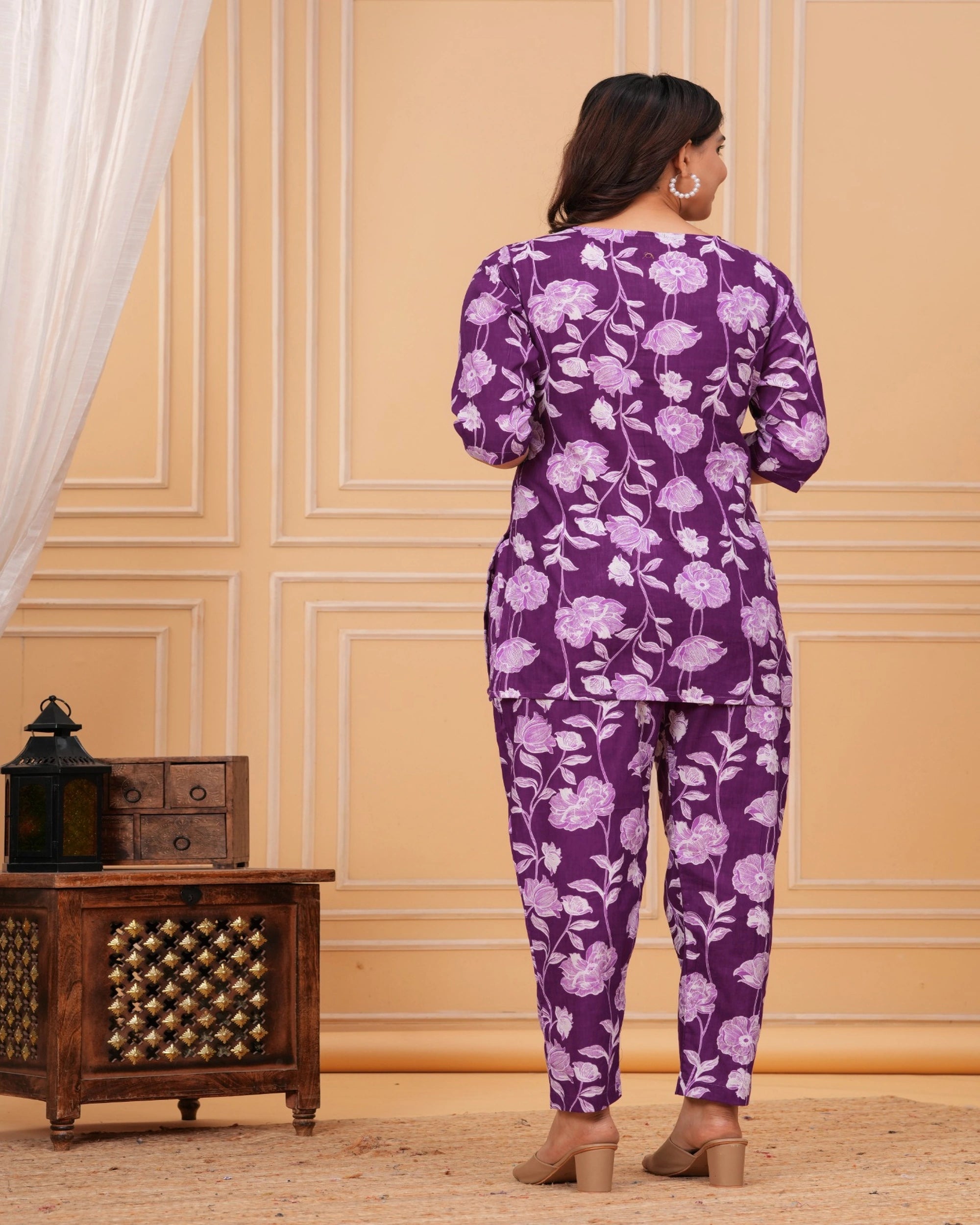 Purple Floral Cotton Maternity Co-Ord Set for Women