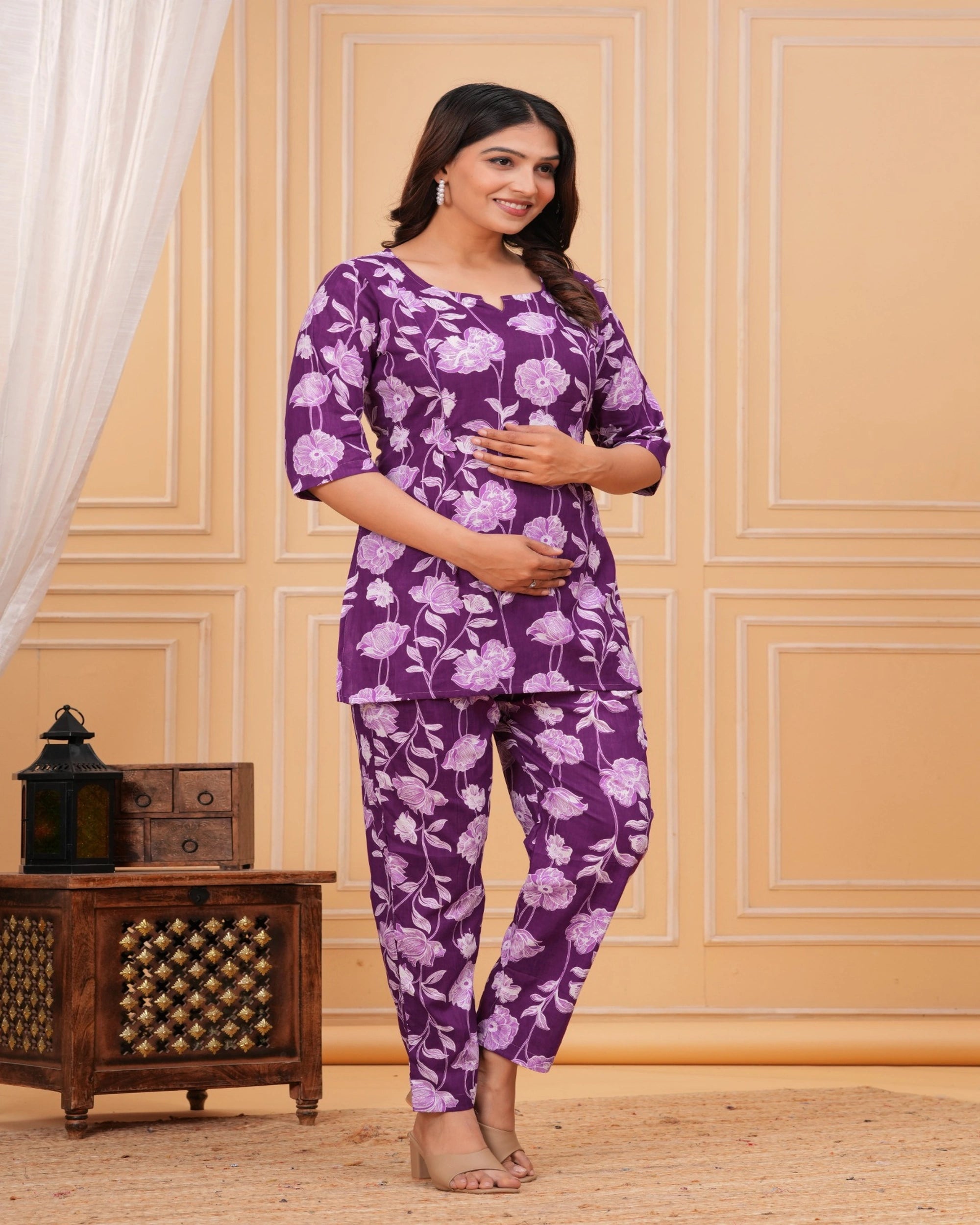 Purple Floral Cotton Maternity Co-Ord Set for Women