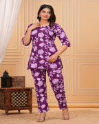 Purple Floral Cotton Maternity Co-Ord Set for Women