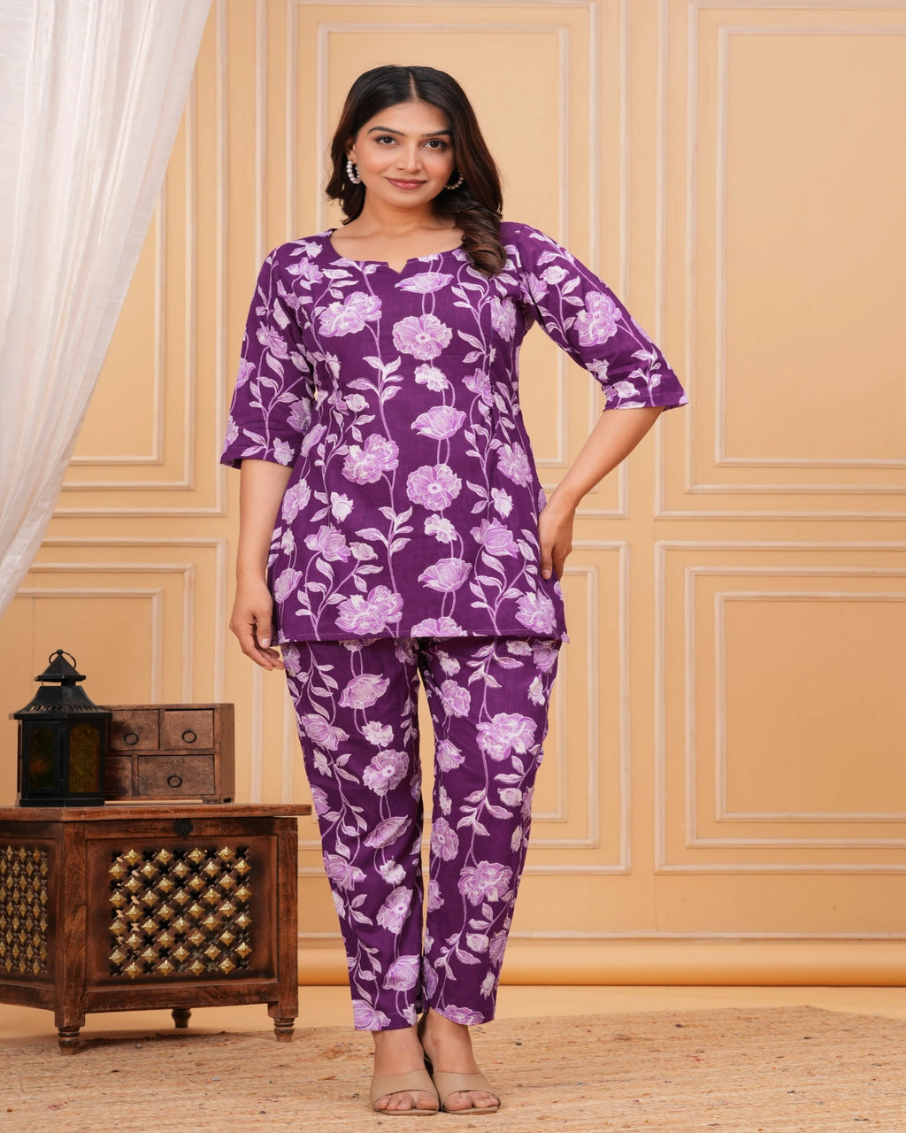 Purple Floral Cotton Maternity Co-Ord Set for Women