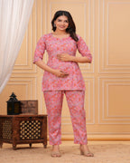 Pink Floral Cotton Maternity Co-Ord Set | Feeding Friendly Nightwear