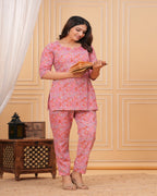 Pink Floral Cotton Maternity Co-Ord Set | Feeding Friendly Nightwear