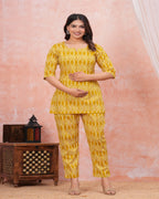 Mustard Yellow Ikat Print Maternity Co-Ord Set (Top & Pants)