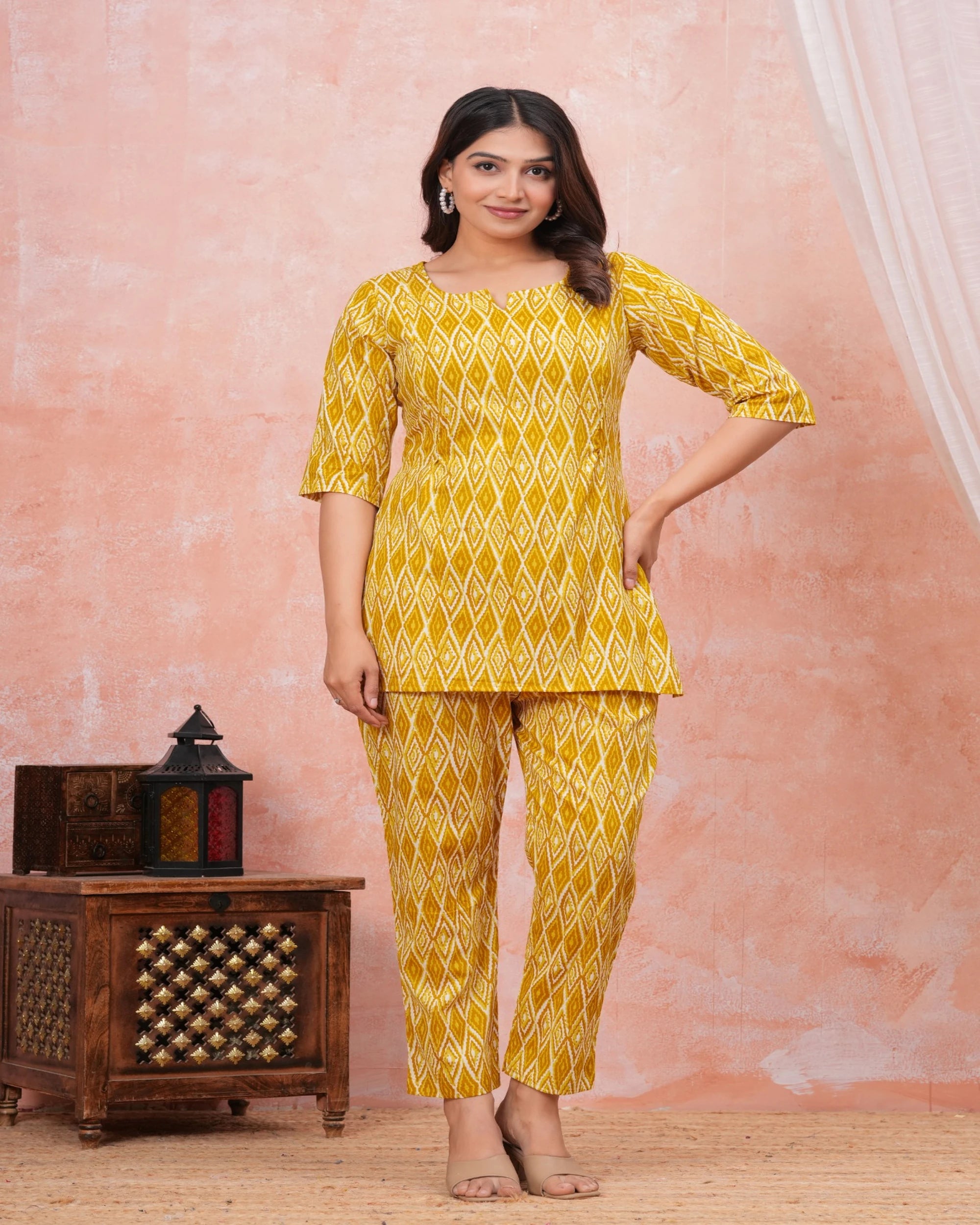 Mustard Yellow Ikat Print Maternity Co-Ord Set (Top & Pants)