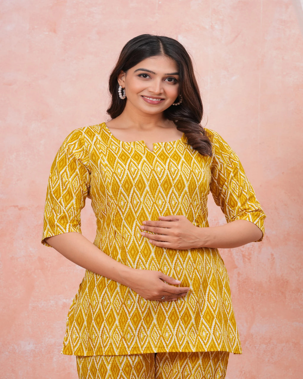 Mustard Yellow Ikat Print Maternity Co-Ord Set (Top & Pants)