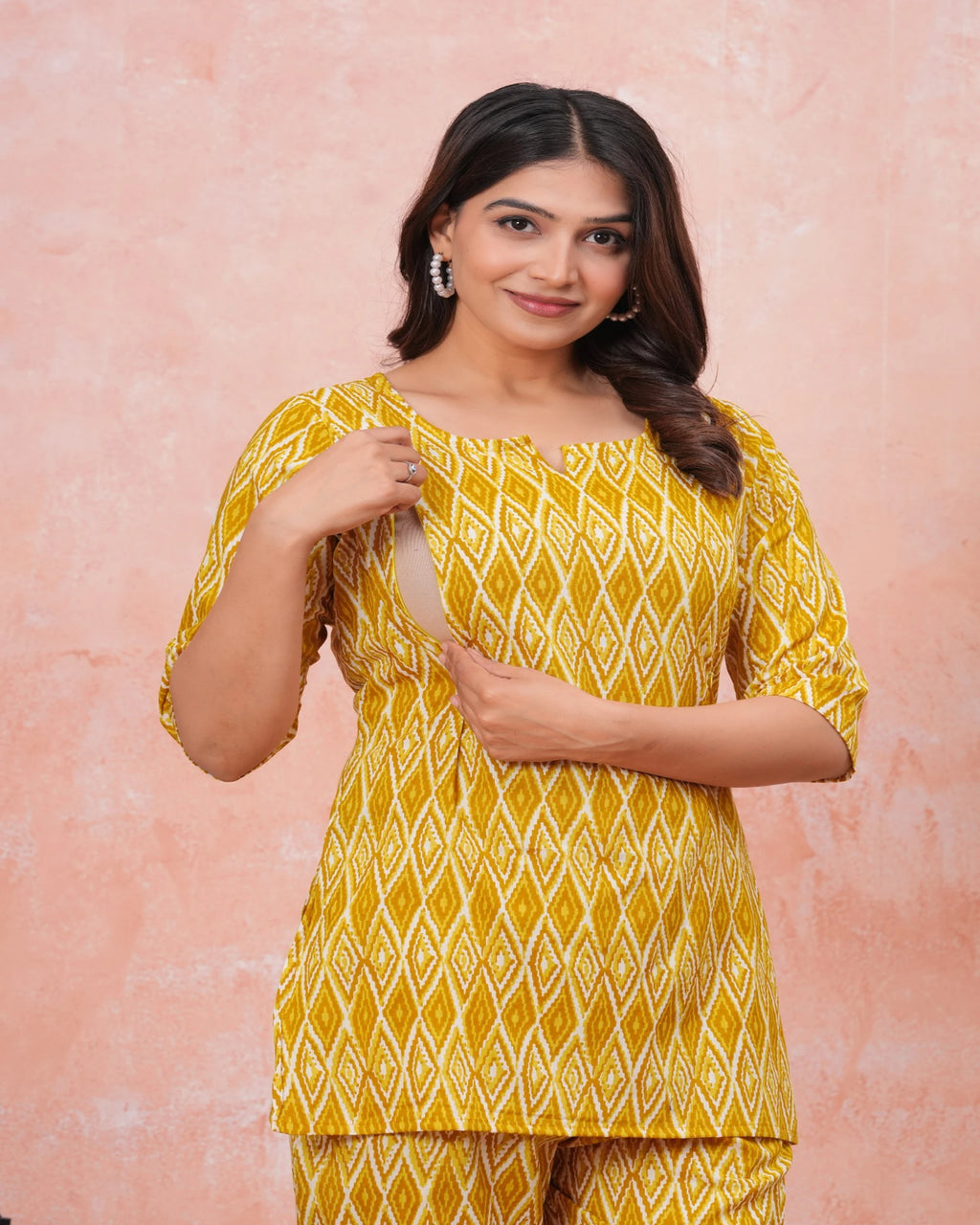 Mustard Yellow Ikat Print Maternity Co-Ord Set (Top & Pants)