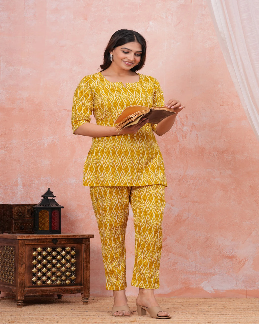 Mustard Yellow Ikat Print Maternity Co-Ord Set (Top & Pants)