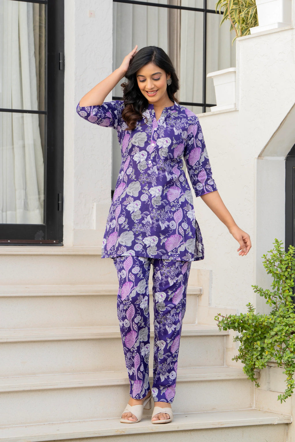 Purple Floral Printed Womens Co-ord Set  Soft Cotton Loungewear Set