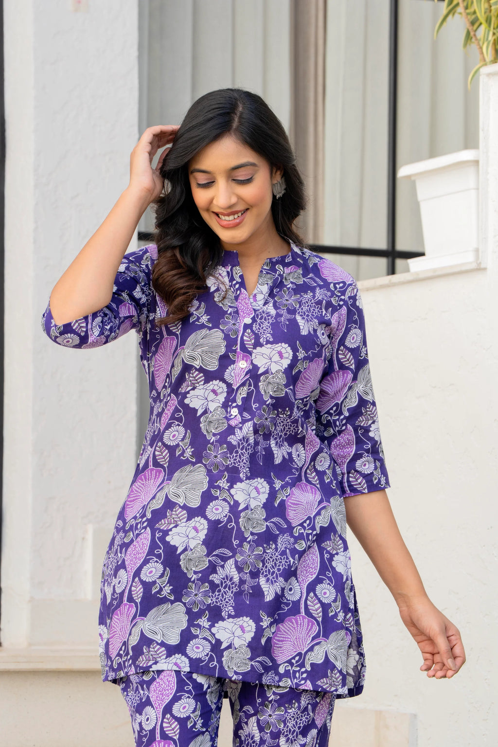 Purple Floral Printed Womens Co-ord Set  Soft Cotton Loungewear Set