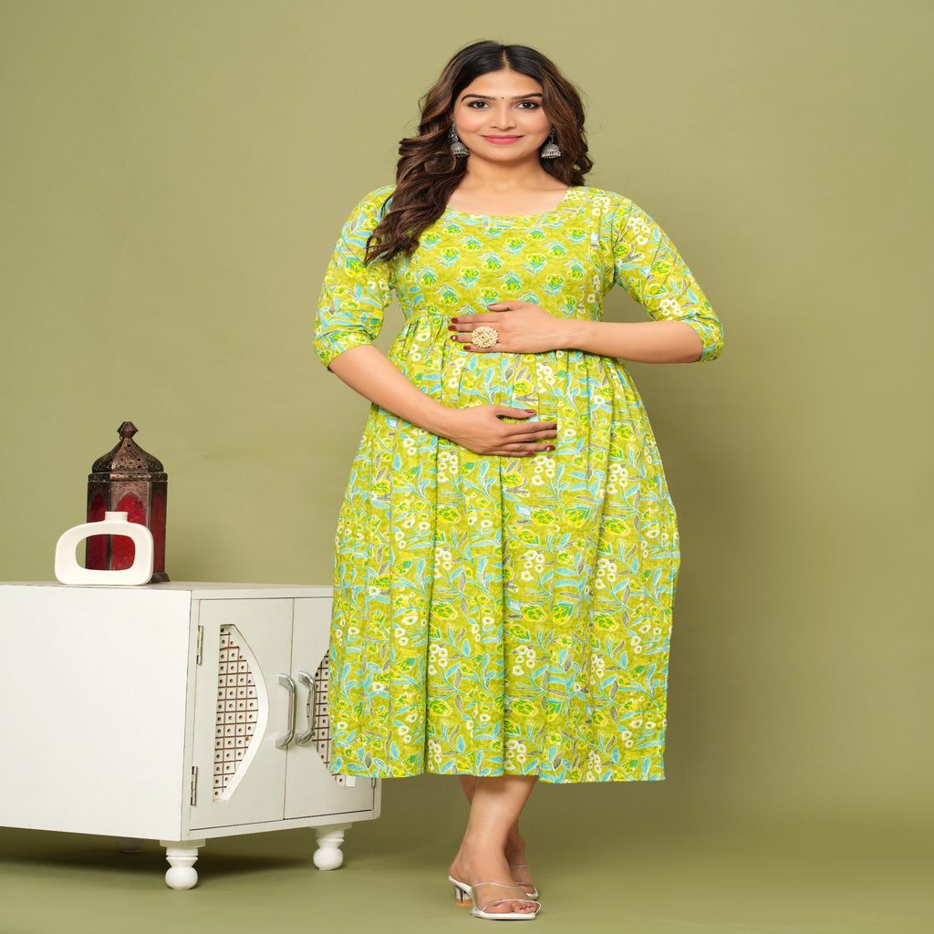 Lime Green Floral Cotton Maternity & Feeding Dress