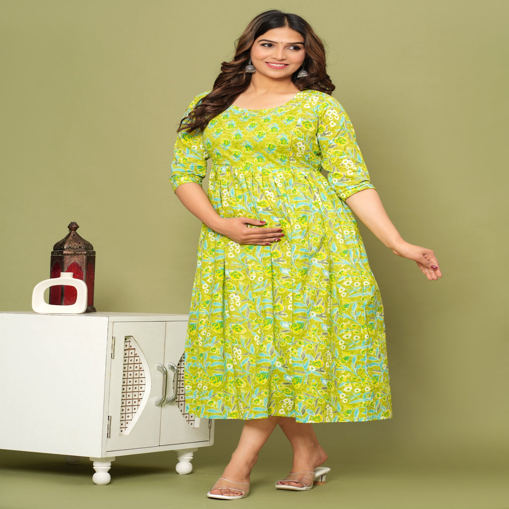 Lime Green Floral Cotton Maternity & Feeding Dress