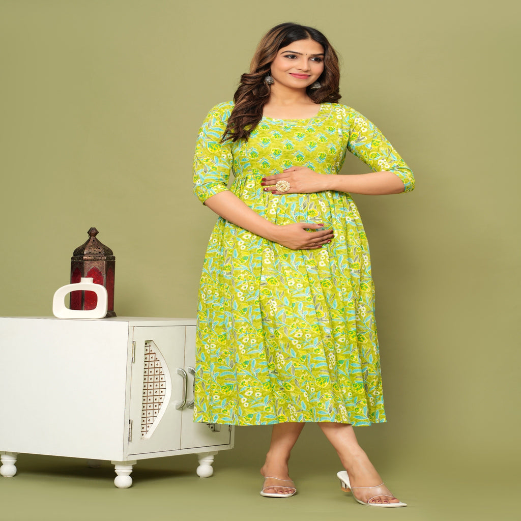 Lime Green Floral Cotton Maternity & Feeding Dress