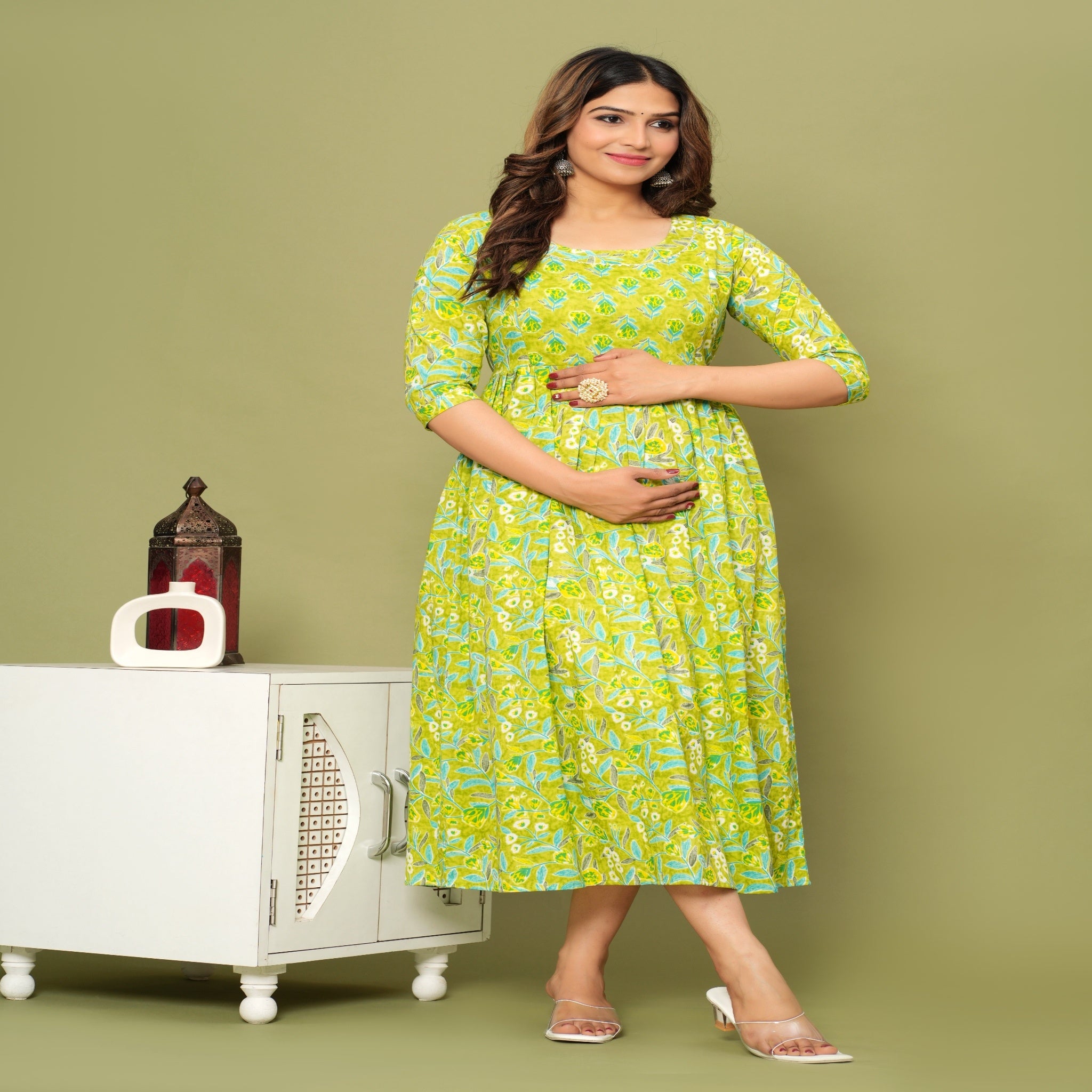 Lime Green Floral Cotton Maternity & Feeding Dress