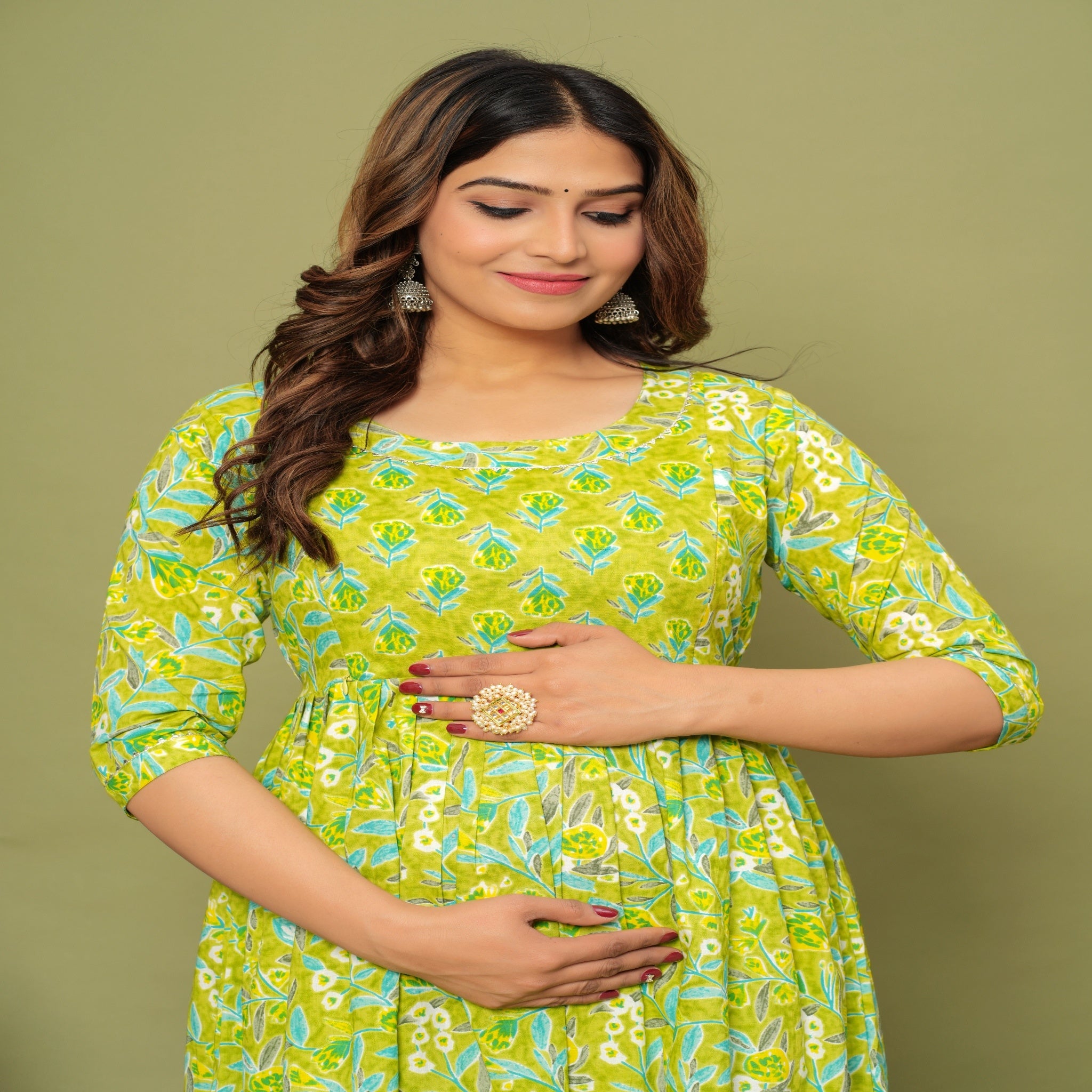 Lime Green Floral Cotton Maternity & Feeding Dress