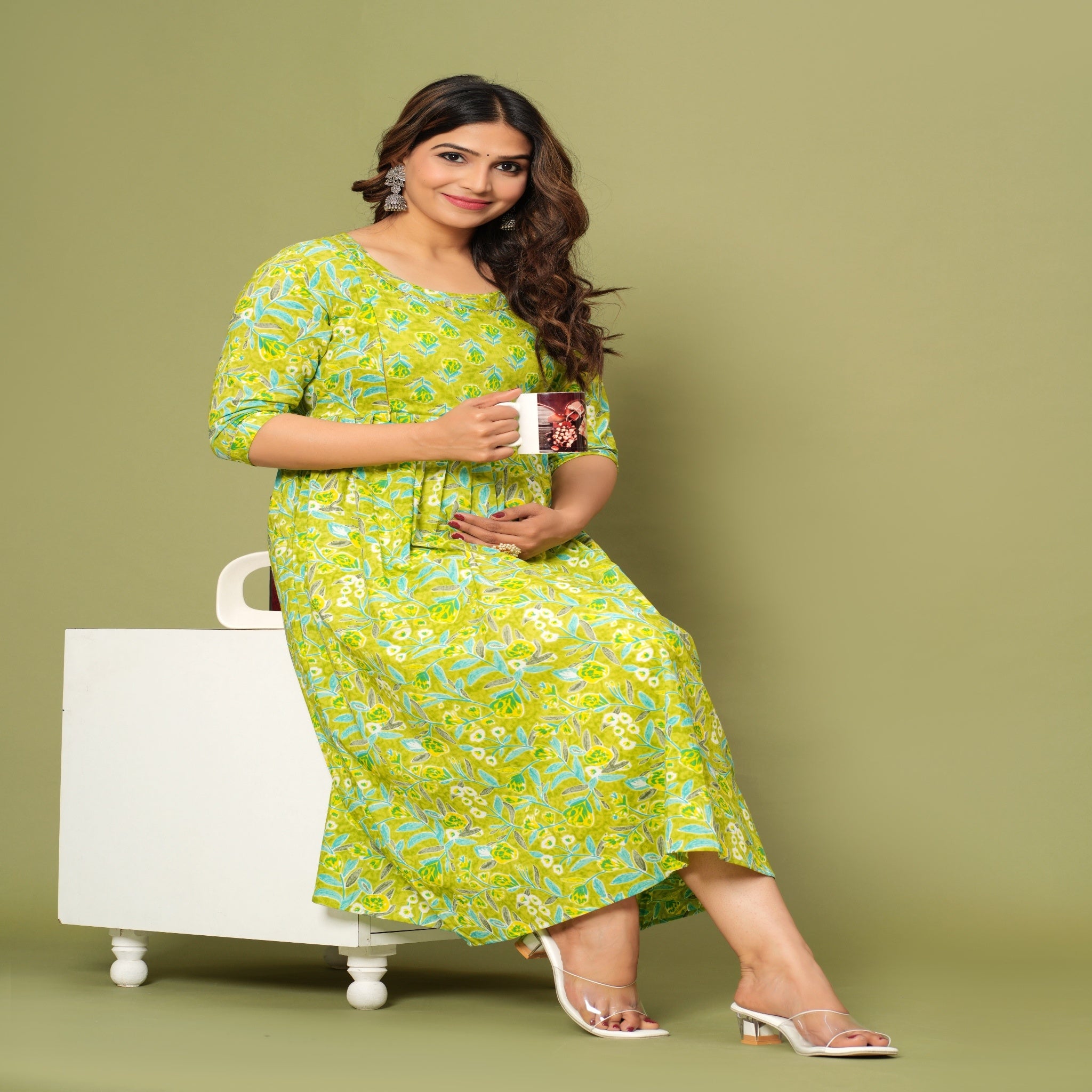 Lime Green Floral Cotton Maternity & Feeding Dress