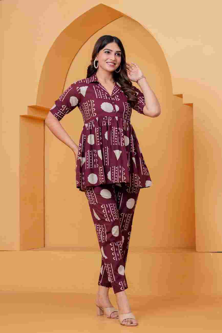 Clothycorp Maroon Geometric Printed Co-Ord Set for Women