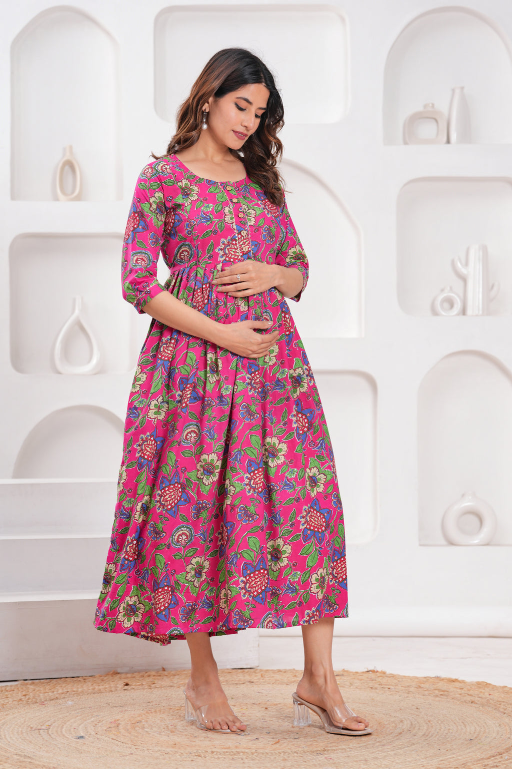 Clothycorp Pink Floral Printed Maternity Maxi Dress for Women