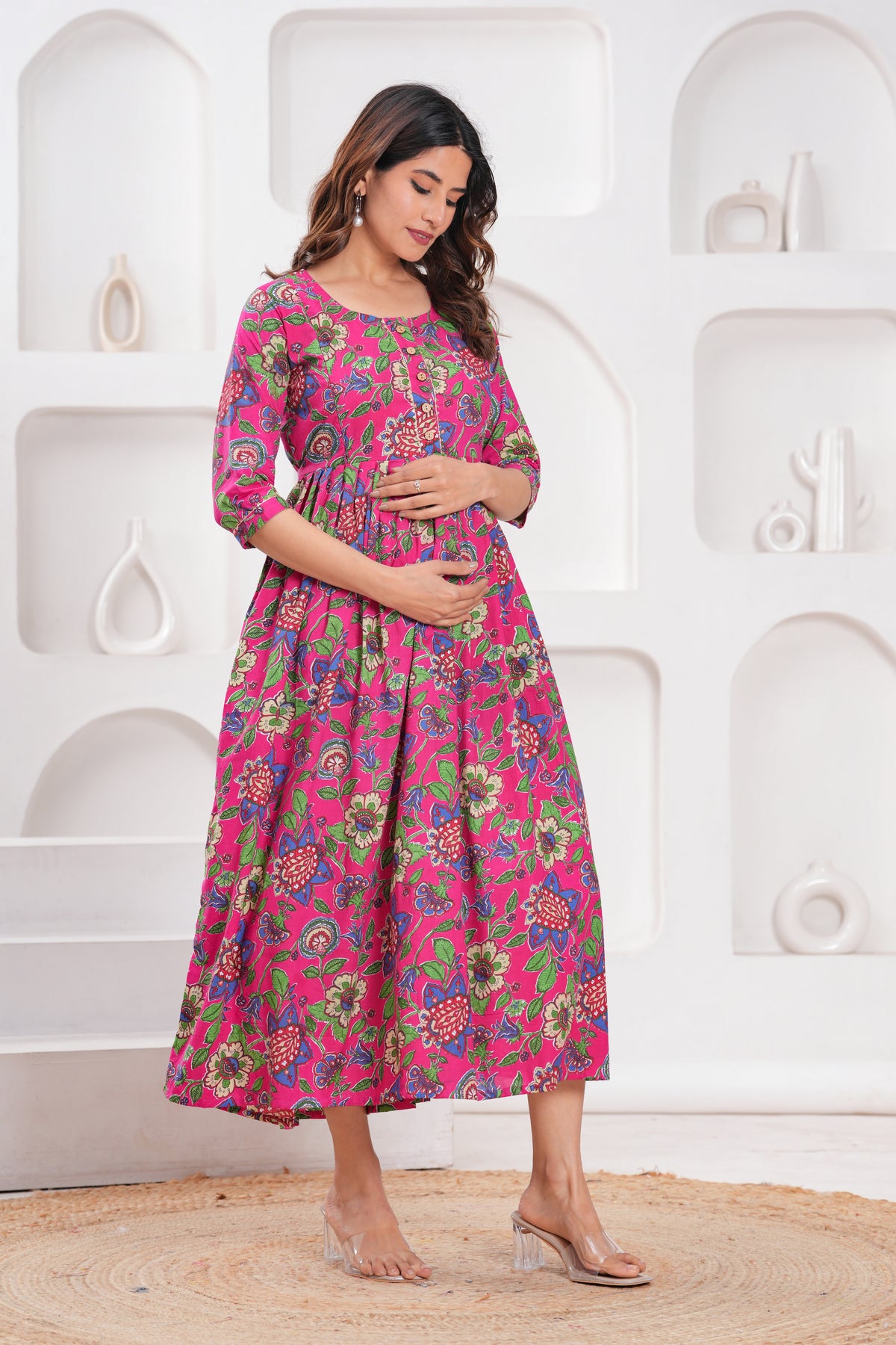 Clothycorp Pink Floral Printed Maternity Maxi Dress for Women