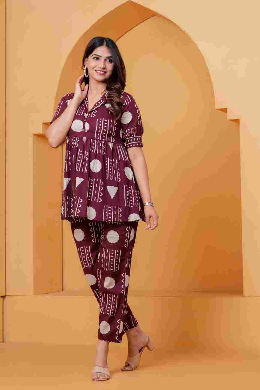 Clothycorp Maroon Geometric Printed Co-Ord Set for Women