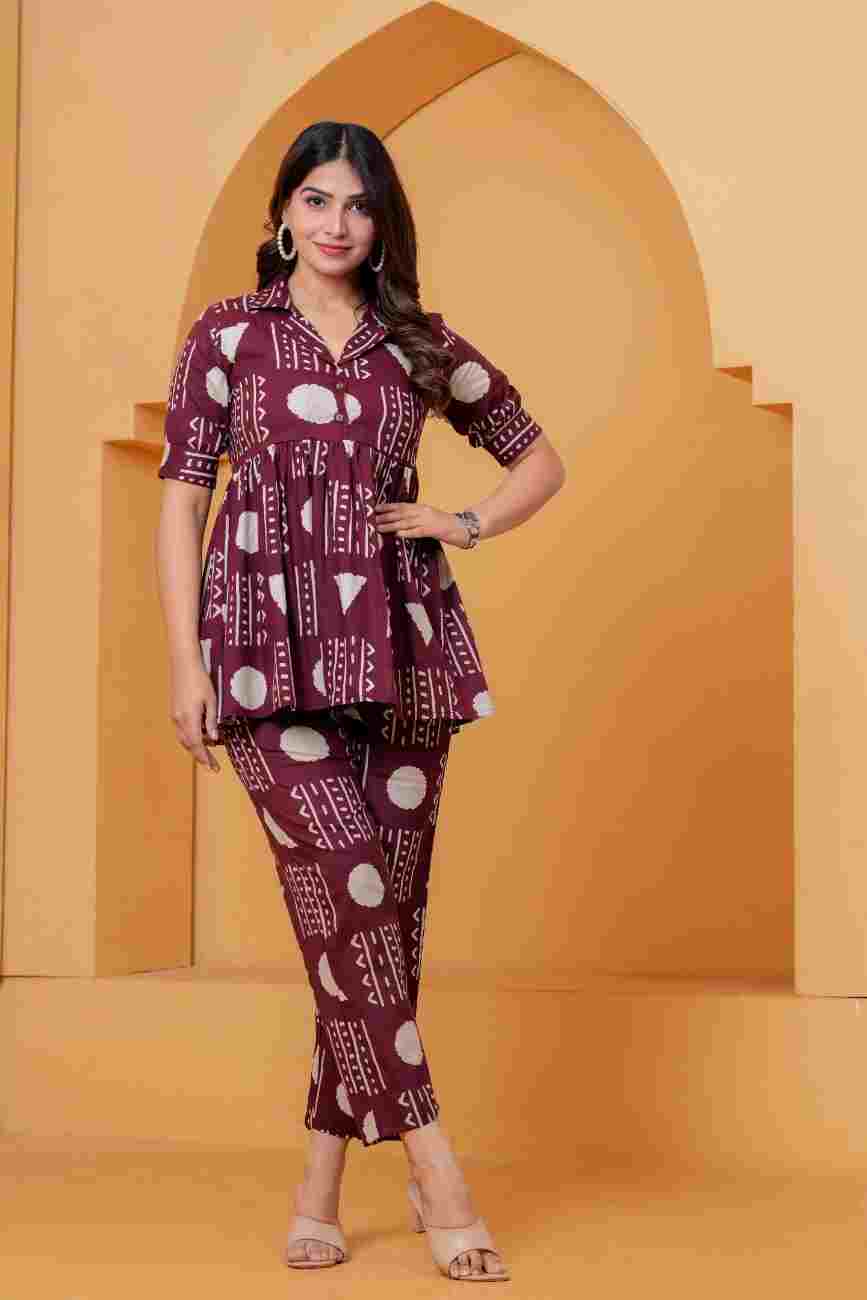 Clothycorp Maroon Geometric Printed Co-Ord Set for Women