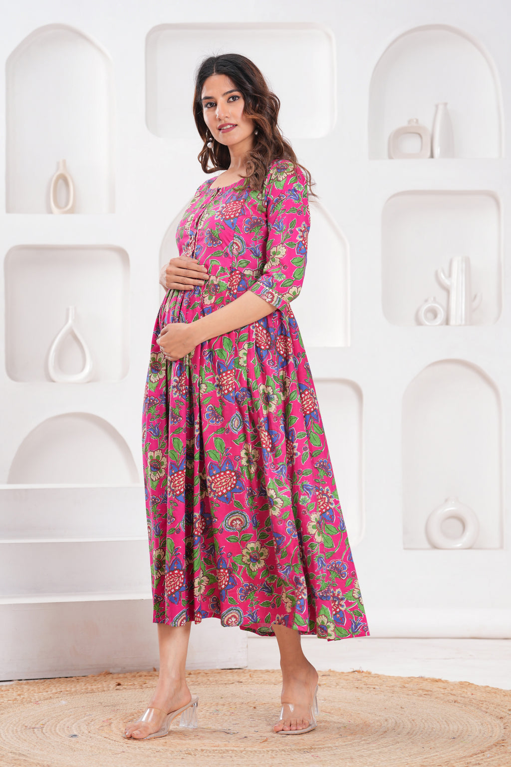 Clothycorp Pink Floral Printed Maternity Maxi Dress for Women