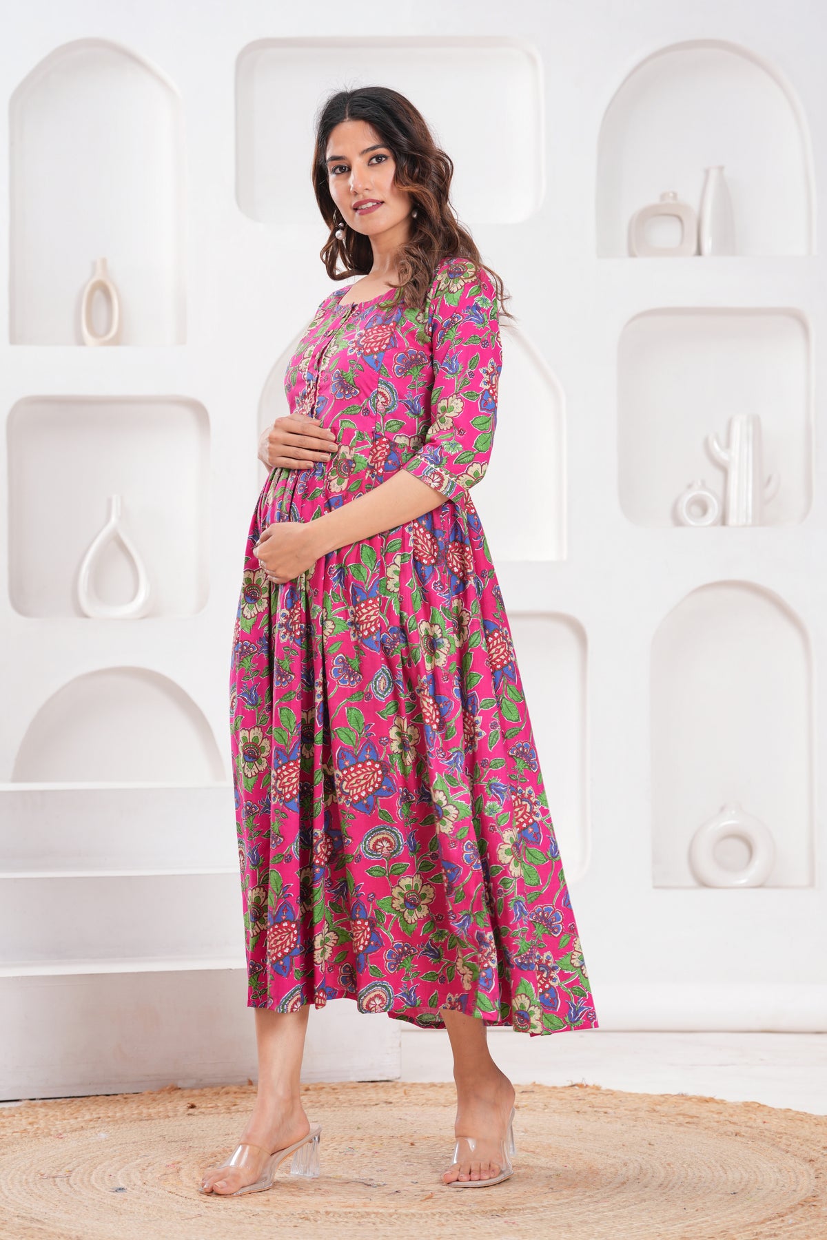 Clothycorp Pink Floral Printed Maternity Maxi Dress for Women