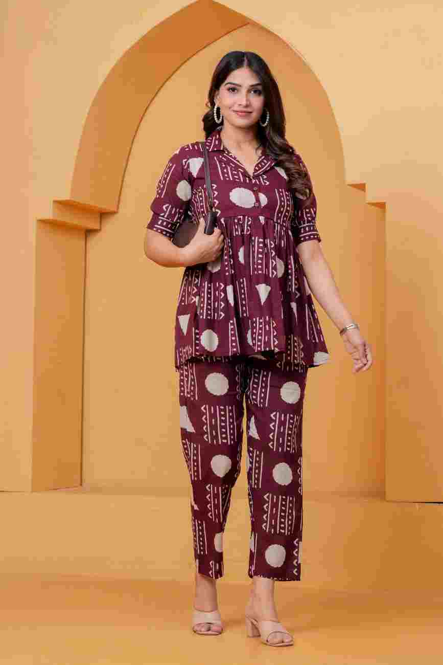 Clothycorp Maroon Geometric Printed Co-Ord Set for Women