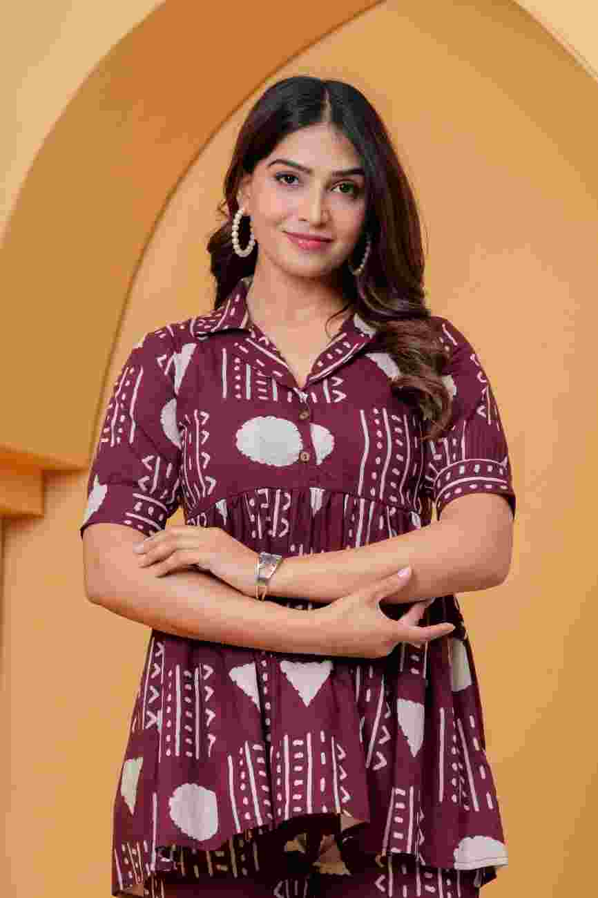 Clothycorp Maroon Geometric Printed Co-Ord Set for Women