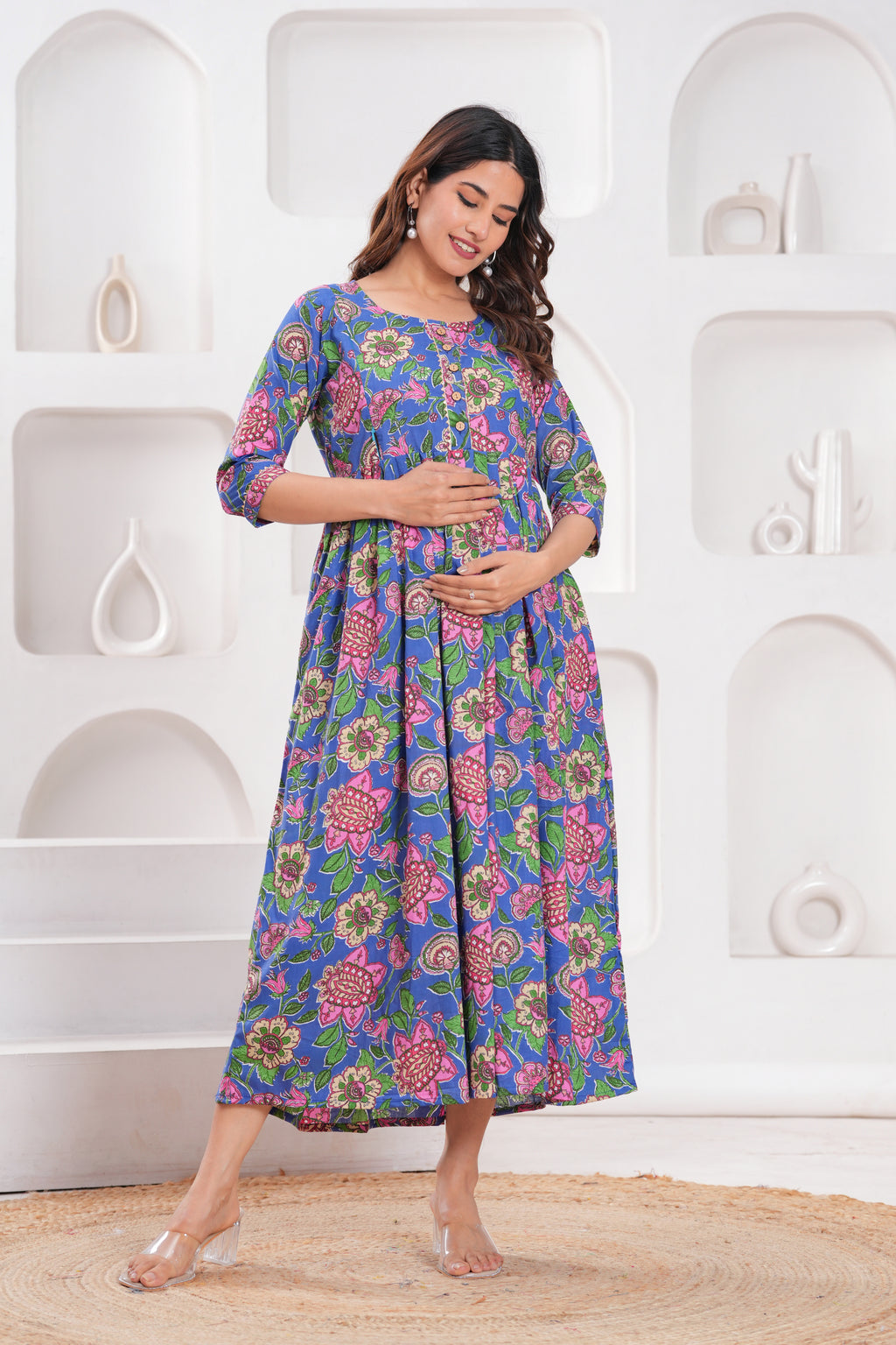 Clothycorp Blue Floral Printed Maternity Maxi Dress for Women