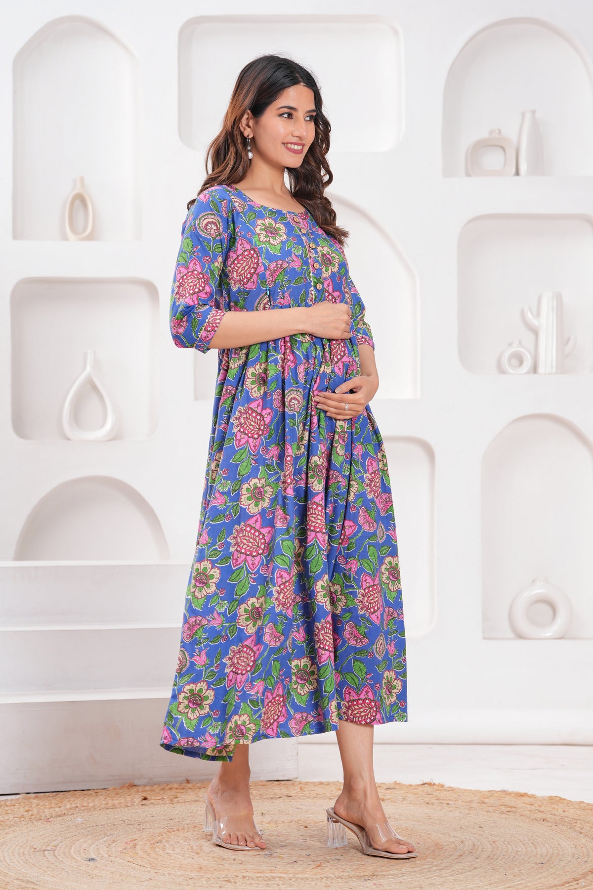 Clothycorp Blue Floral Printed Maternity Maxi Dress for Women