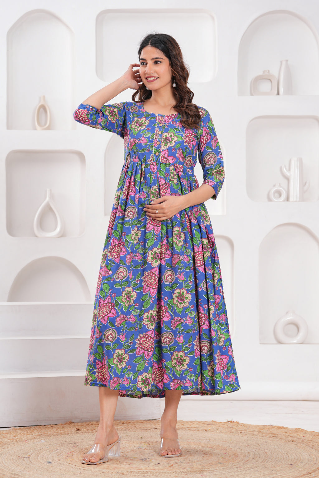 Clothycorp Blue Floral Printed Maternity Maxi Dress for Women