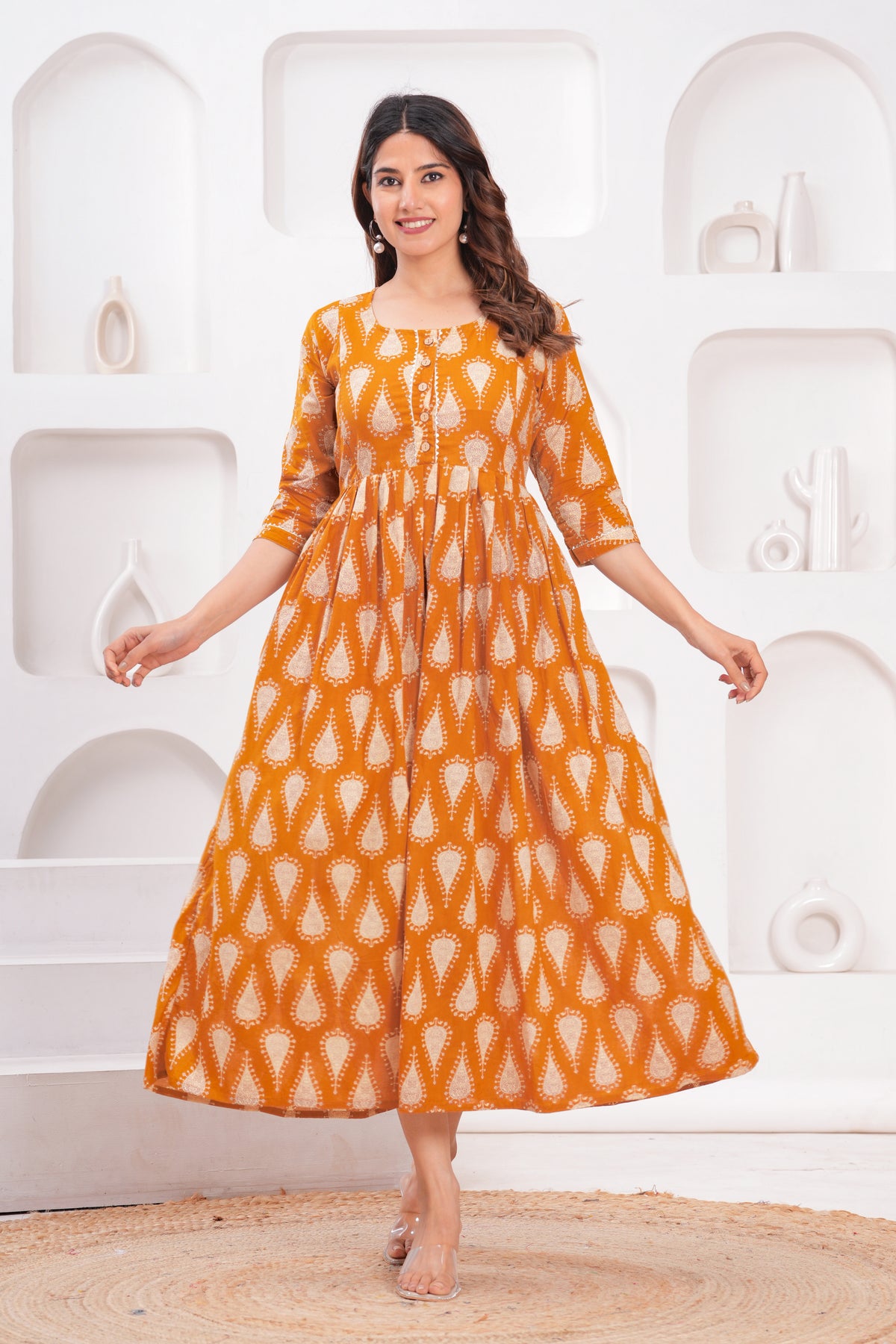 Clothycorp Mustard Yellow Printed Maternity Maxi Dress for Women