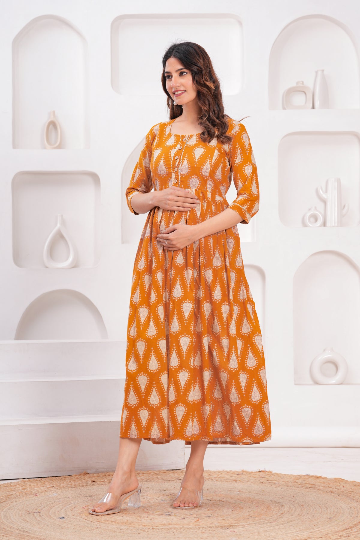 Clothycorp Mustard Yellow Printed Maternity Maxi Dress for Women