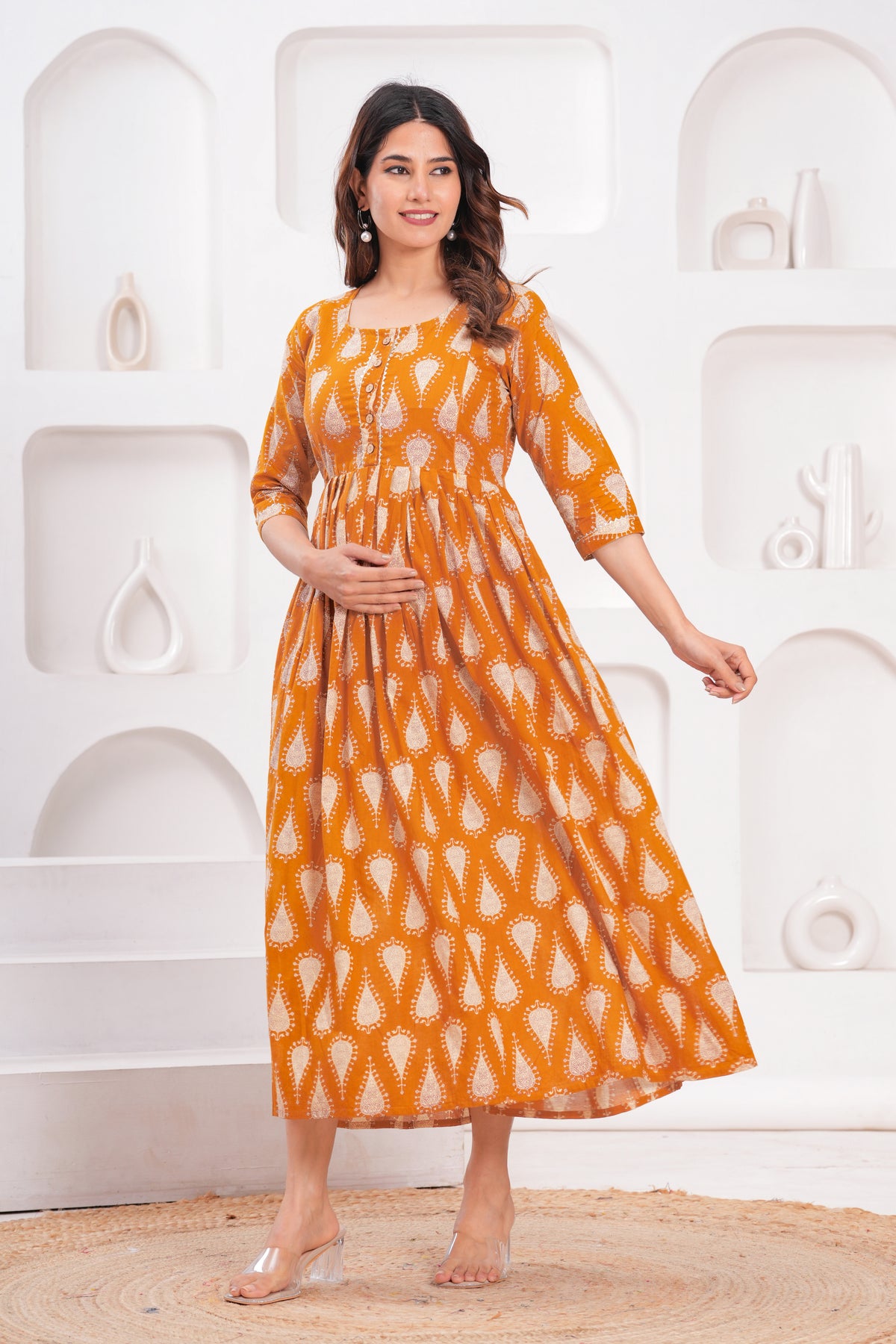 Clothycorp Mustard Yellow Printed Maternity Maxi Dress for Women