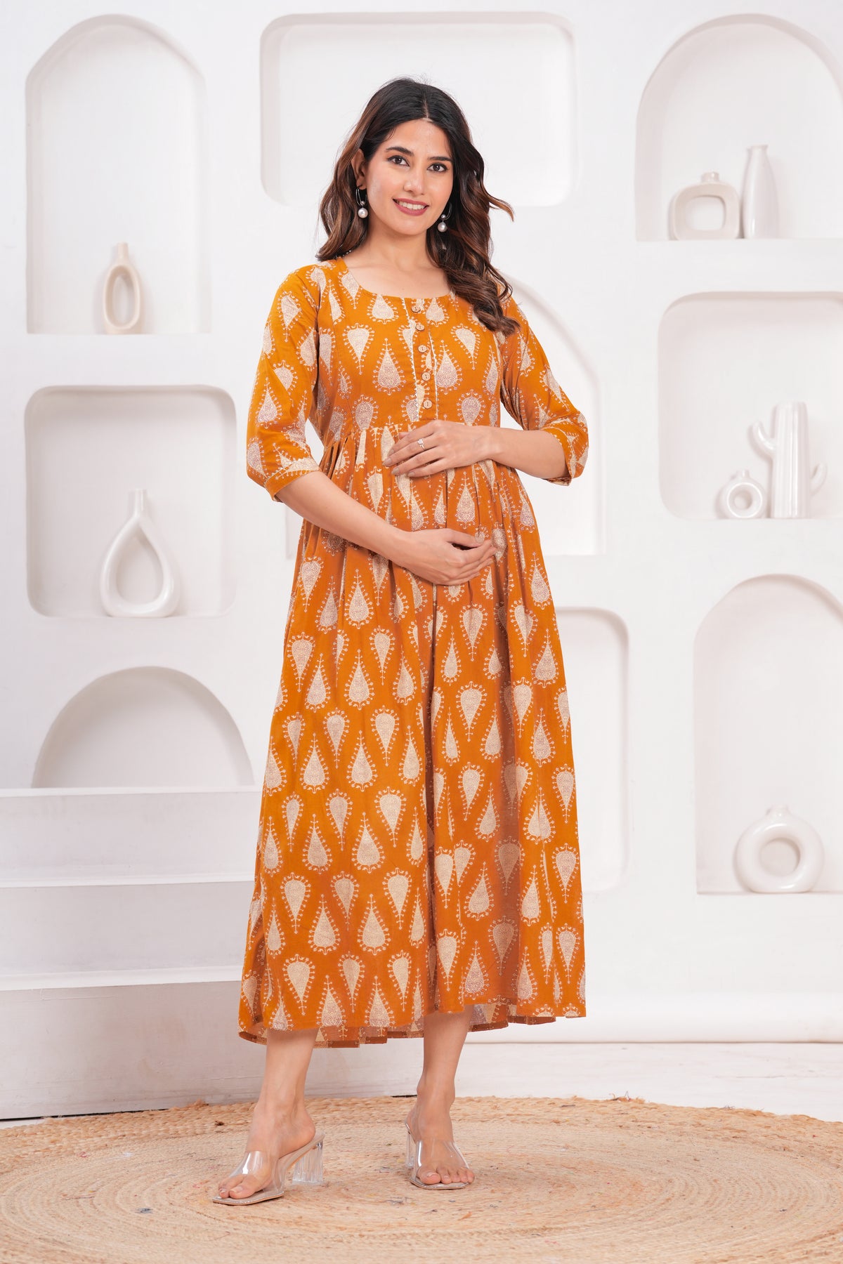 Clothycorp Mustard Yellow Printed Maternity Maxi Dress for Women