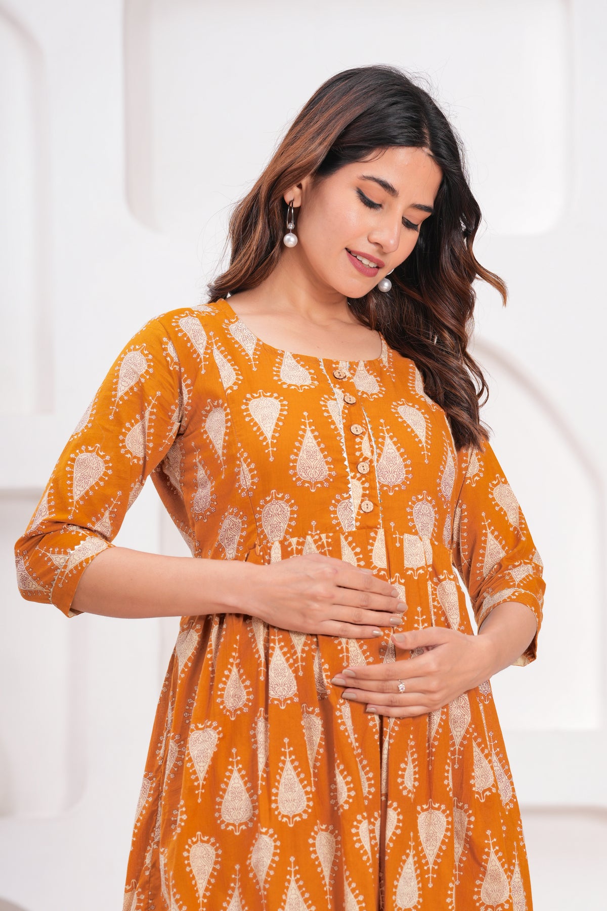 Clothycorp Mustard Yellow Printed Maternity Maxi Dress for Women