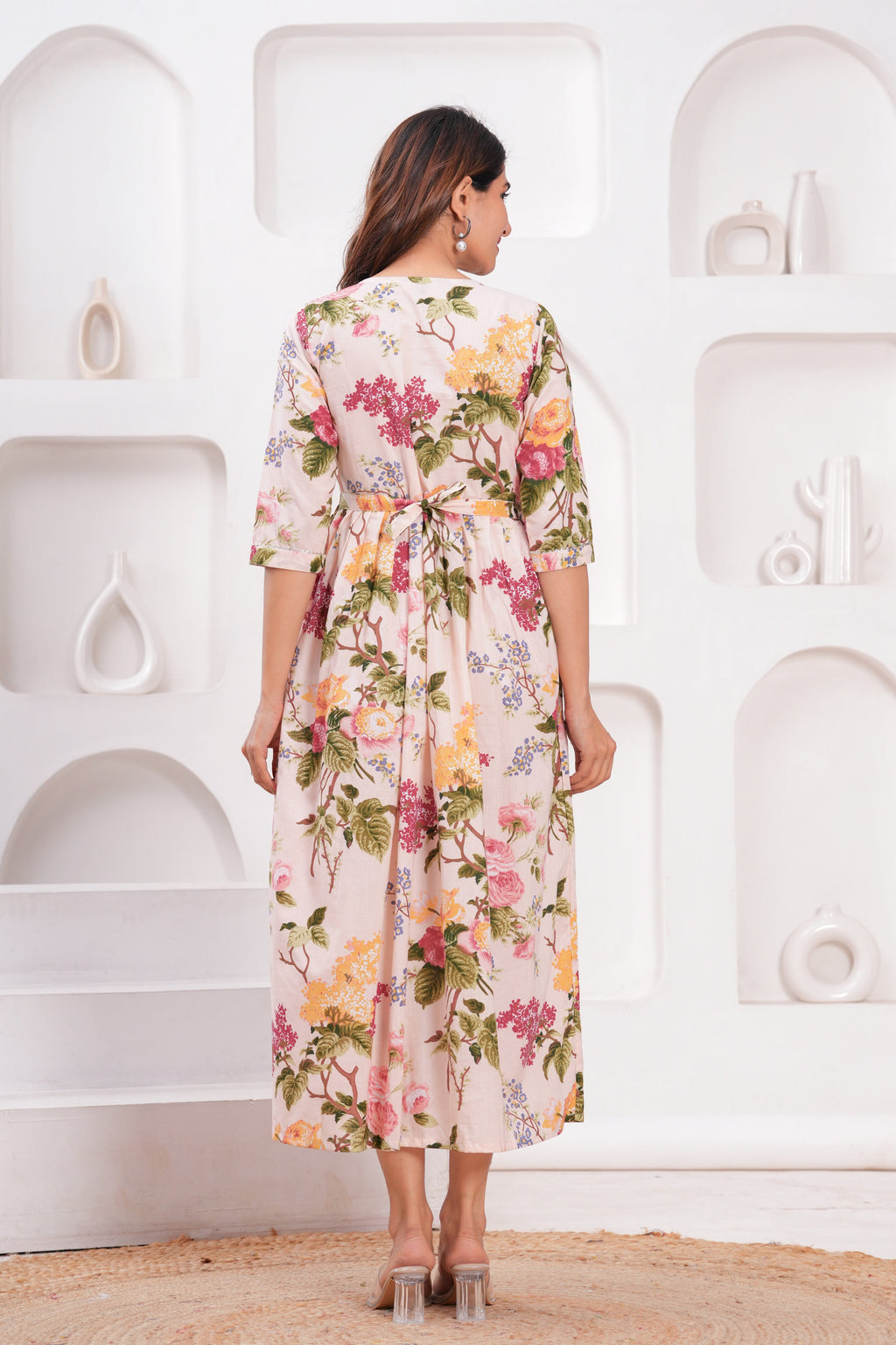 Peach Floral Cotton Maternity & Feeding Gown | Soft Printed Pregnancy Nursing Maxi Dress with Hidden Zipper