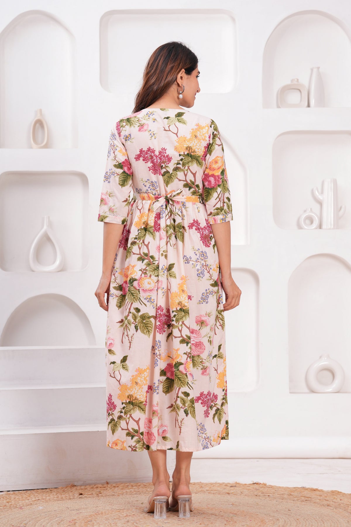 Peach Floral Cotton Maternity & Feeding Gown | Soft Printed Pregnancy Nursing Maxi Dress with Hidden Zipper